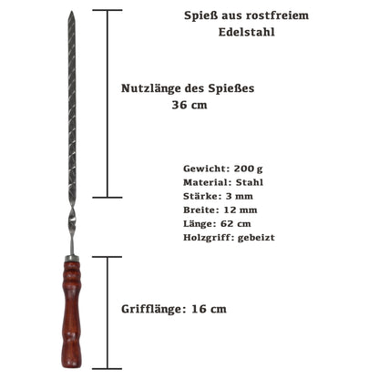 GOROCH Schaschlikspieße Set aus Edelstahl – 62 cm lange Grillspieße mit Holzgriff, rostfrei & stabil, wiederverwendbar, BBQ Spießset für Holzkohlegrill, Kebab, Gemüse & Fleisch