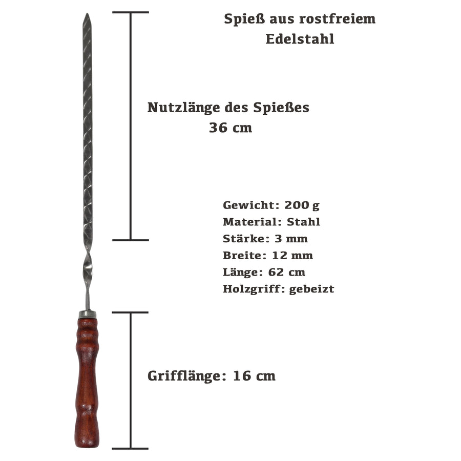 GOROCH Schaschlikspieße Set aus Edelstahl – 62 cm lange Grillspieße mit Holzgriff, rostfrei & stabil, wiederverwendbar, BBQ Spießset für Holzkohlegrill, Kebab, Gemüse & Fleisch