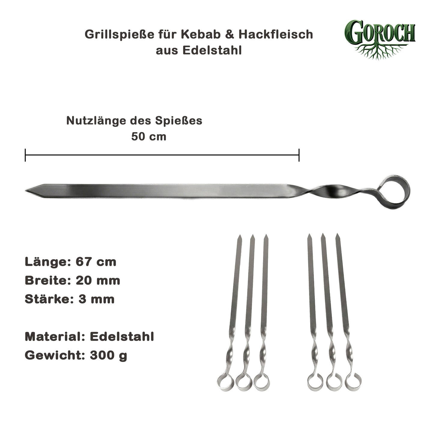 GOROCH Kebabspießae Set aus Edelstahl – 67 cm Schaschlikspieße, 20 mm breit, 3 mm stark, extra stabil für Lammspieße & Hackfleisch, ideal für große Grills & BBQ
