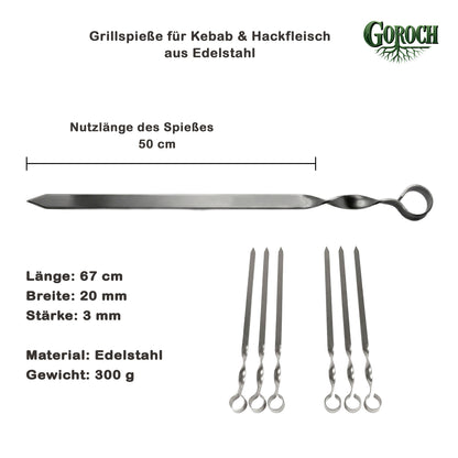 GOROCH Kebabspießae Set aus Edelstahl – 67 cm Schaschlikspieße, 20 mm breit, 3 mm stark, extra stabil für Lammspieße & Hackfleisch, ideal für große Grills & BBQ