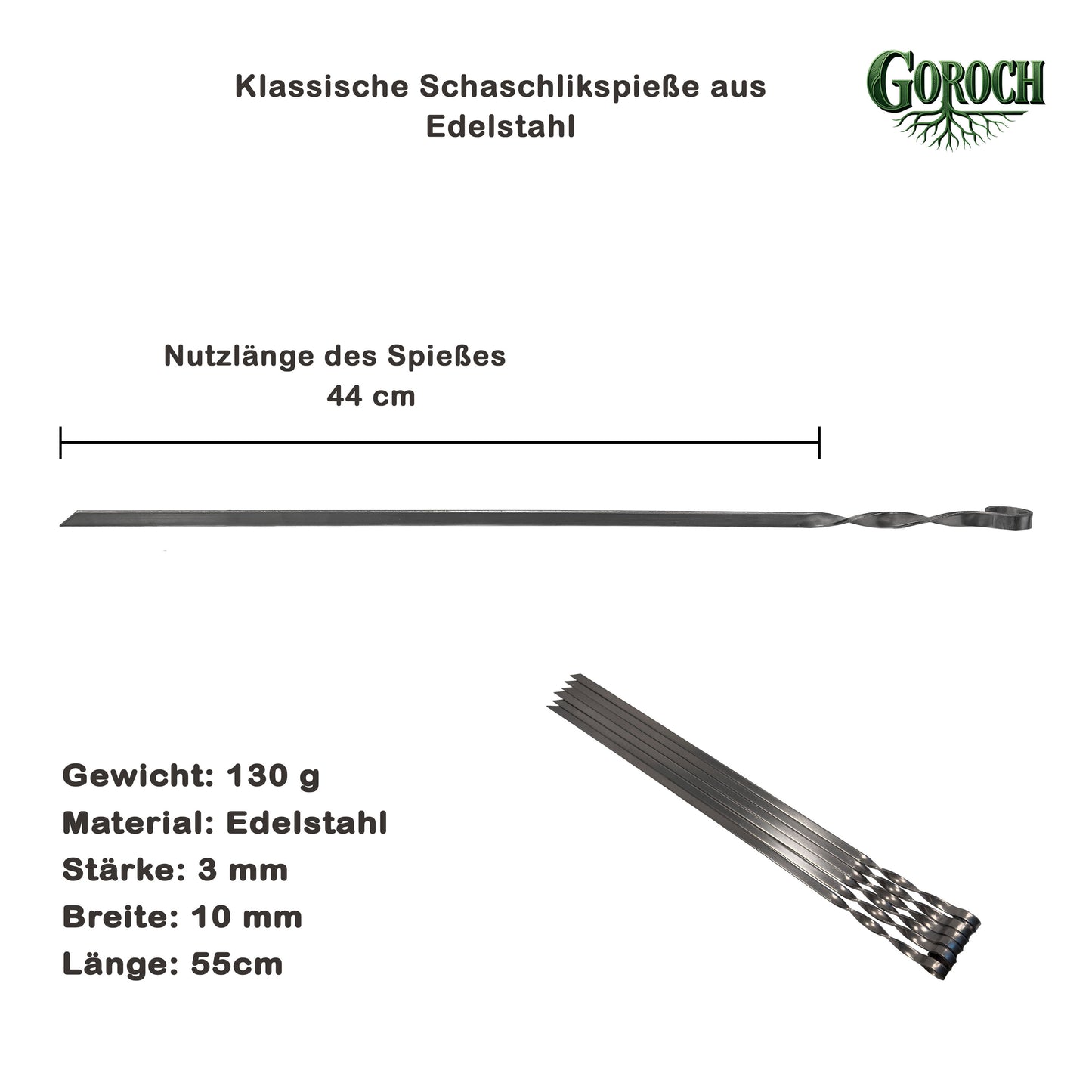 GOROCH klassische Schaschlikspieße aus Edelstahl – 57 cm Grillspieße, 3 mm stark, 10 mm breit, komplett aus Metall, rostfrei & robust, ideal für BBQ & Holzkohlegrill