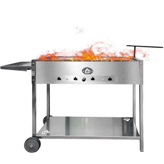 Mangal Batyr Deluxe 80 aus Edelstahl mit Rädern - Schaschlikgrill mit Ablage und Topfhalter