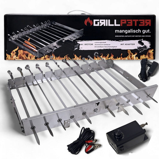 Mangal Drehspießaufsatz 230V Elektromotor für 11 Spieße - mit Alugehäuse, regelbare Geschwindigkeit