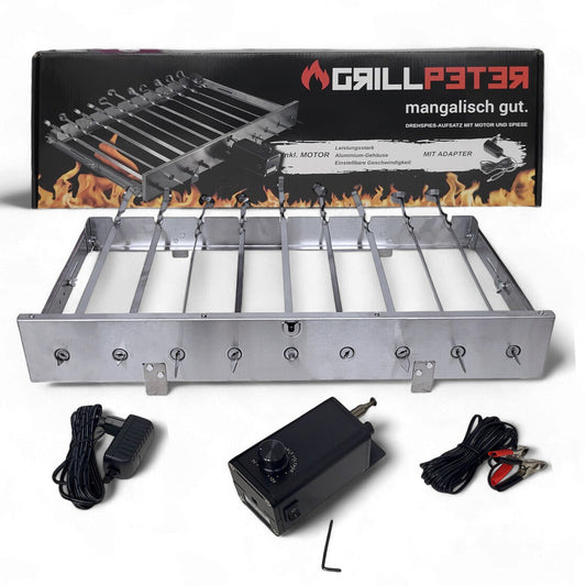 Mangal Drehspießaufsatz 230V Elektromotor für 9 Spieße - mit Alugehäuse, regelbare Geschwindigkeit