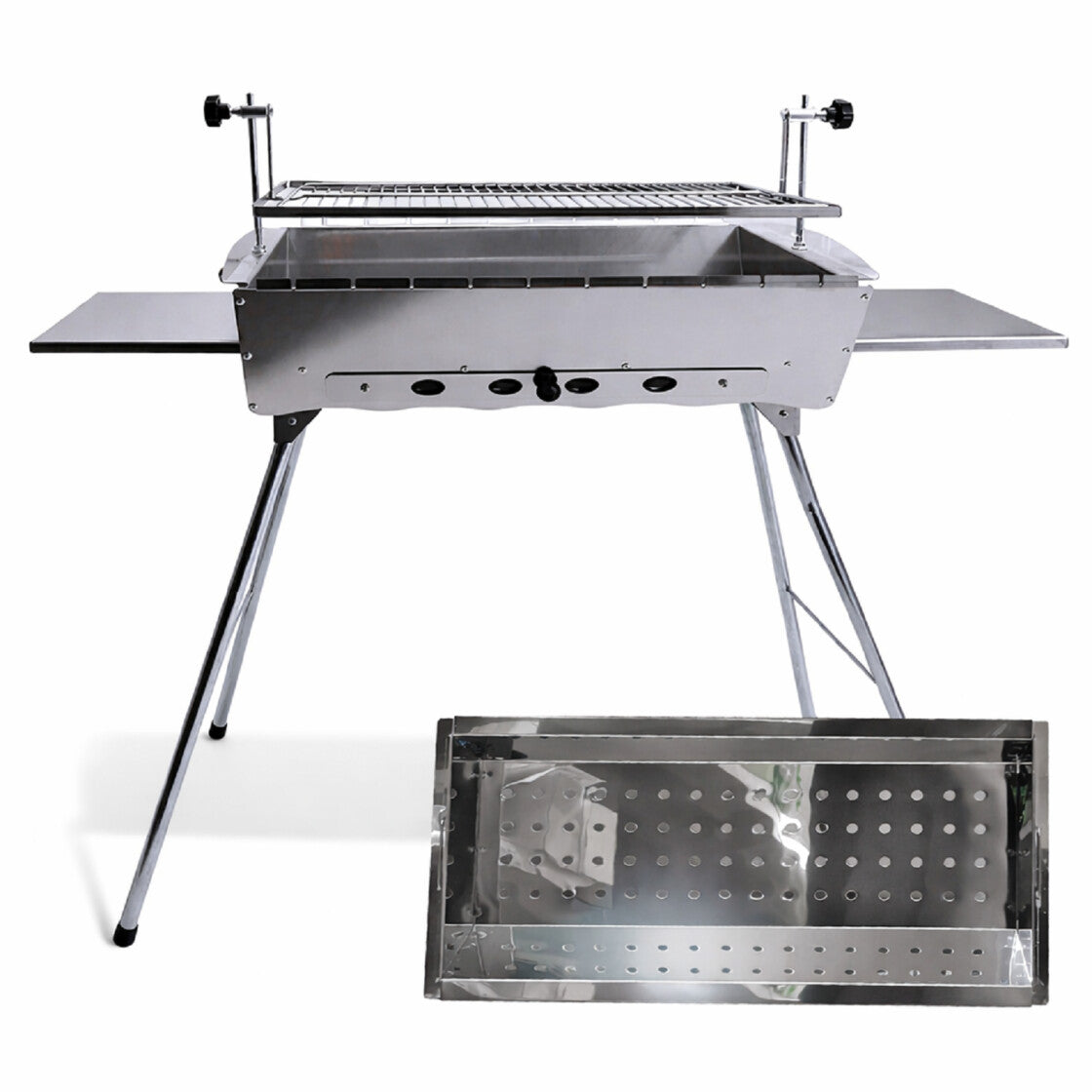 Mangal Astana Edelstahl 2mm mit höhenverstellbarem Grillrost - klappbarer Schaschlikgrill mit Ablagen