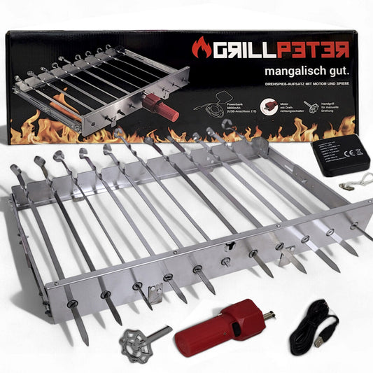 Schaschlik Spießdreher Motor für 11 Spieße mit USB Powerbank Antrieb - Grillmotor aus Edelstahl