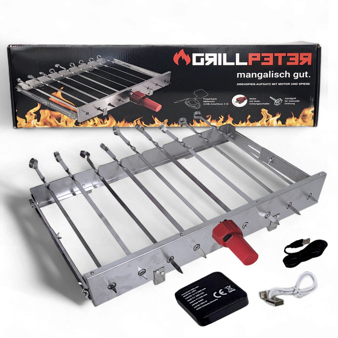 Schaschlik Spießdreher Motor für 9 Spieße mit USB Powerbank Antrieb - Grillmotor aus Edelstahl