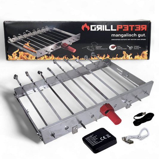 Schaschlik Spießdreher Motor für 9 Spieße mit USB Powerbank Antrieb - Grillmotor aus Edelstahl